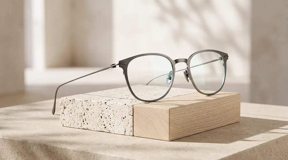 A pair of lightweight titanium adjustable eyeglasses displayed on a minimalist studio pedestal.