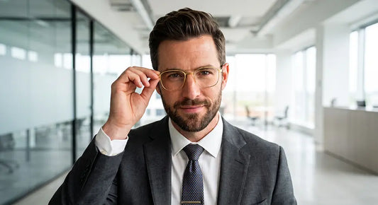 Professional man adjusting the flexible temple arms of his solid gold titanium blue light filter glasses