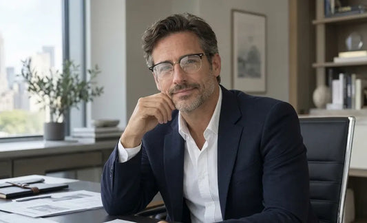 Business professional wearing black-and-gold browline bifocal spectacles with a modern titanium frame.