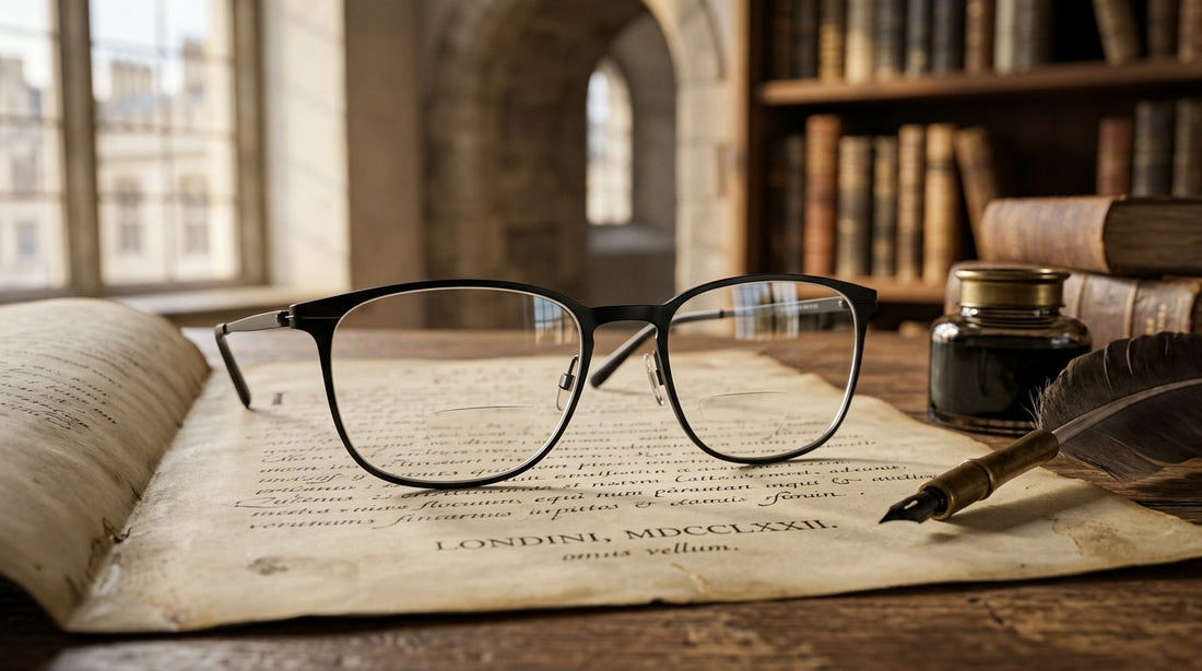 - Antique manuscripts and modern titanium glasses illustrating the history of who invented bifocal glasses.