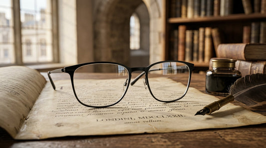 - Antique manuscripts and modern titanium glasses illustrating the history of who invented bifocal glasses.