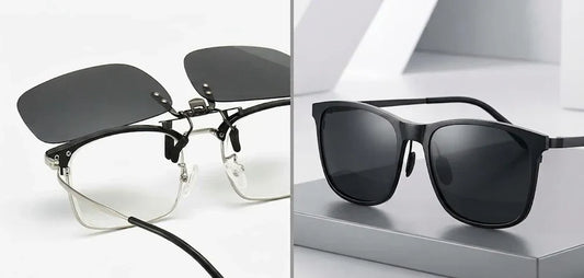 A side-by-side comparison showing the seamless fit of magnetic frame glasses versus bulky traditional clip-on glasses.