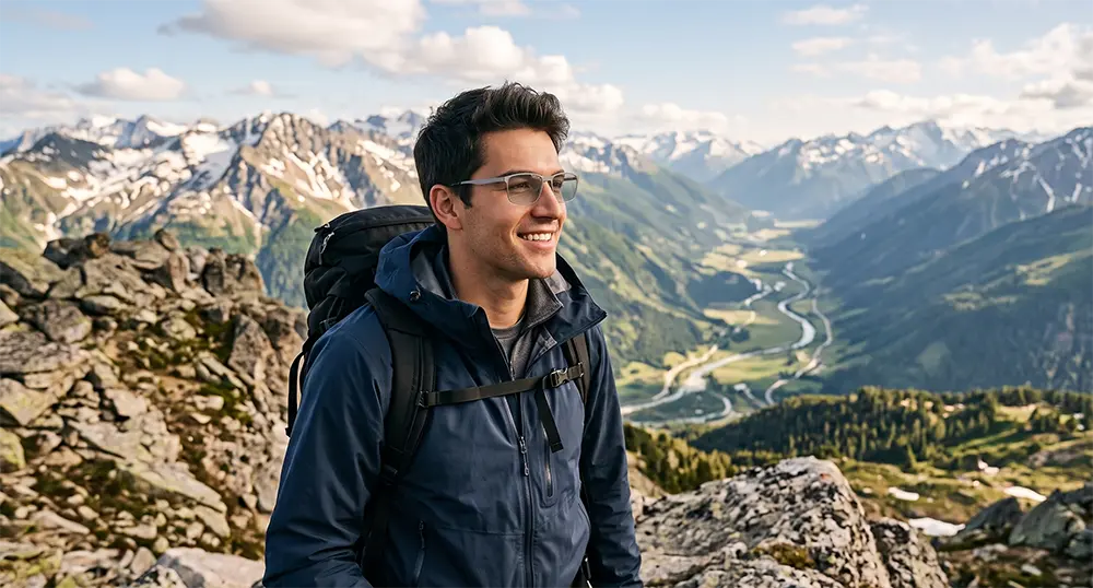 A hiker looking over a mountain vista wearing lightweight titanium frames.