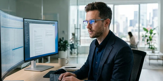 Professional man wearing blue light blocking glasses while working on a computer in a modern office.