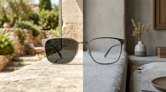 - A sleek titanium eyeglass frame showing a light-adapting split lens to demonstrate eyeglass photochromic technology.