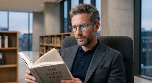 Sophisticated man reading a book while wearing premium titanium eyeglass reading glasses.