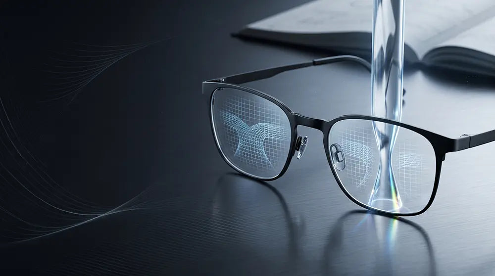 Matte black titanium eyeglasses featuring high-definition free form progressive lenses with a digital tech grid on a dark metal surface