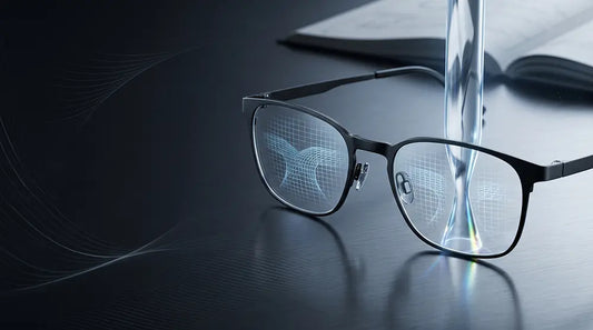 Matte black titanium eyeglasses featuring high-definition free form progressive lenses with a digital tech grid on a dark metal surface