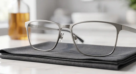 Premium titanium eyeglass frames and a microfiber cloth showing the essential tools for how to clean eyeglasses properly.