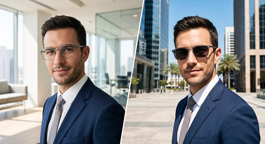 Professional man wearing photochromic lenses glasses transitioning from clear indoors to dark outdoors.