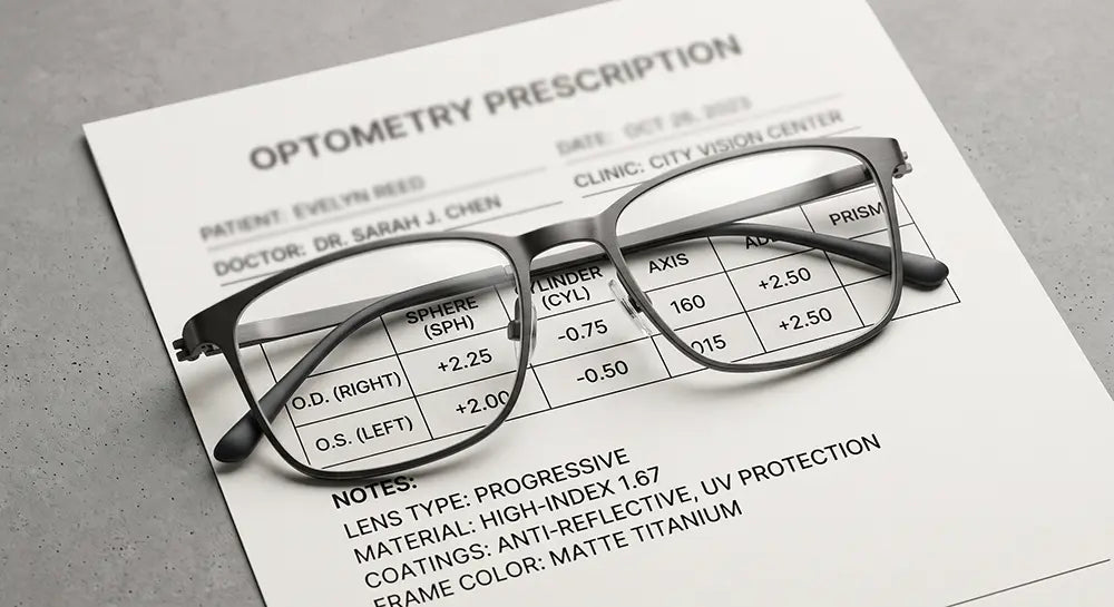 Premium titanium prescription reading glasses resting on an optical prescription chart.
