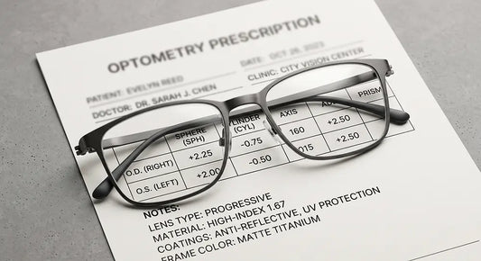 Premium titanium prescription reading glasses resting on an optical prescription chart.