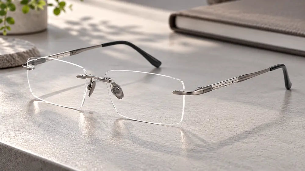 Rimless reading glasses with silver titanium temples and transparent prescription lenses.
