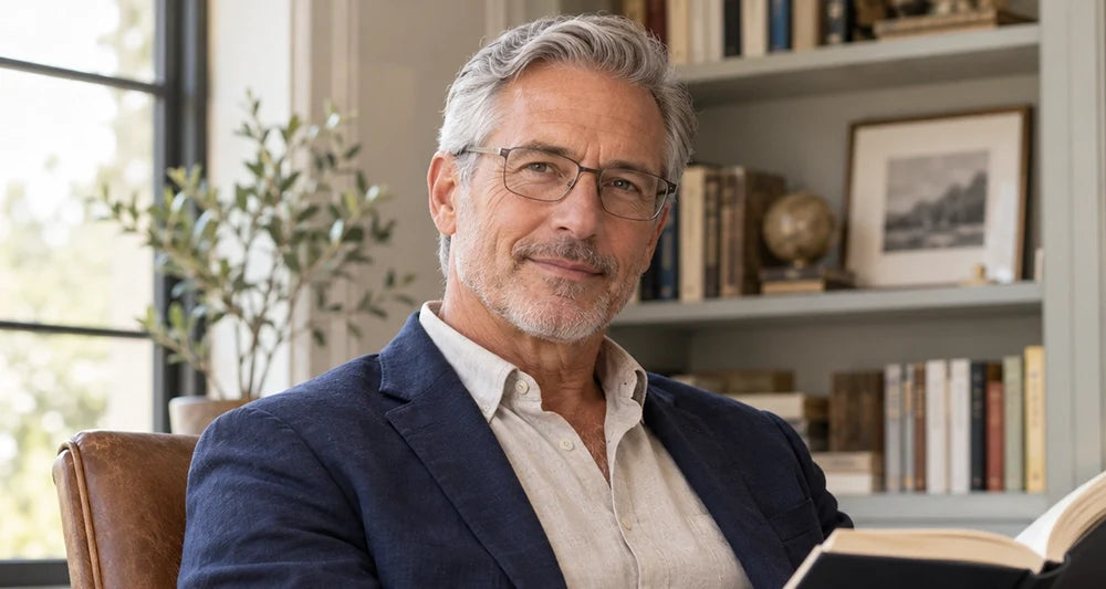 Stylish reading glasses for senior men featuring slim gunmetal titanium frames worn by a mature man reading at home.