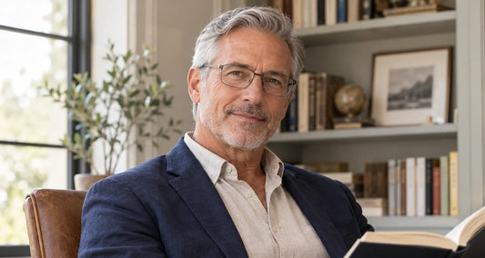 Stylish reading glasses for senior men featuring slim gunmetal titanium frames worn by a mature man reading at home.