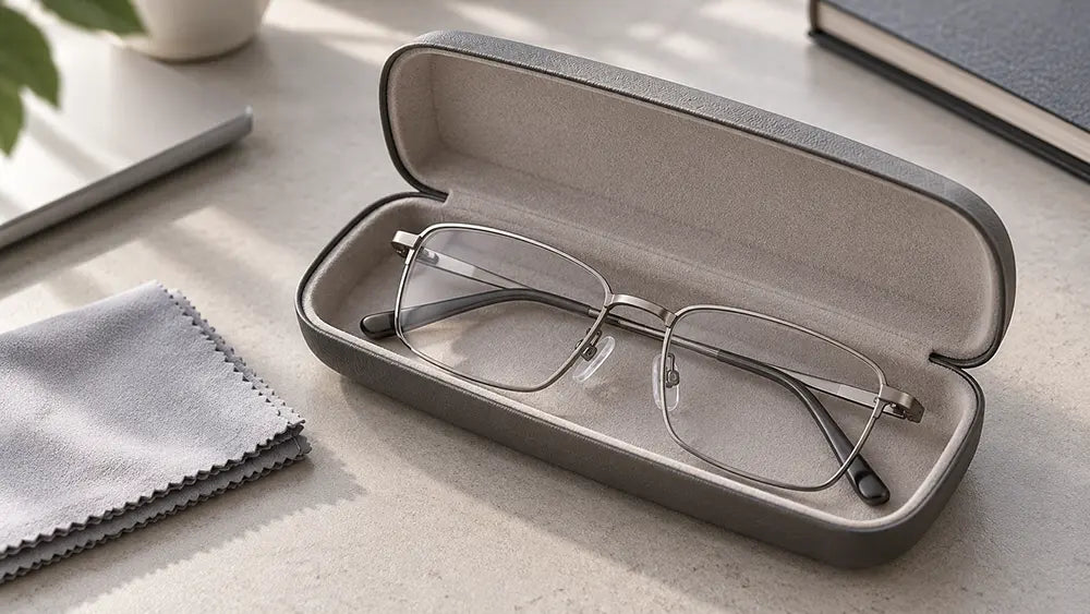 Titanium spectacles stored safely inside a protective hard-shell eyeglass case to prevent frame damage.
