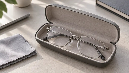 Titanium spectacles stored safely inside a protective hard-shell eyeglass case to prevent frame damage.