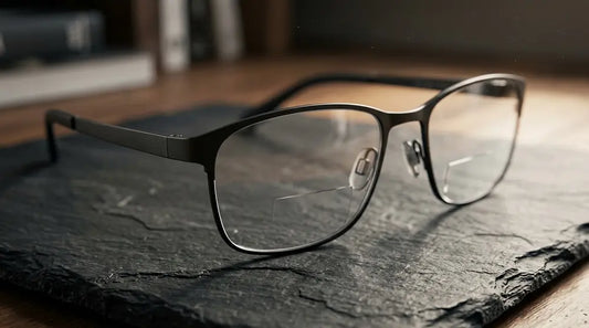 - Sleek titanium bifocal eyeglasses resting on slate showcasing light weight and strong construction.