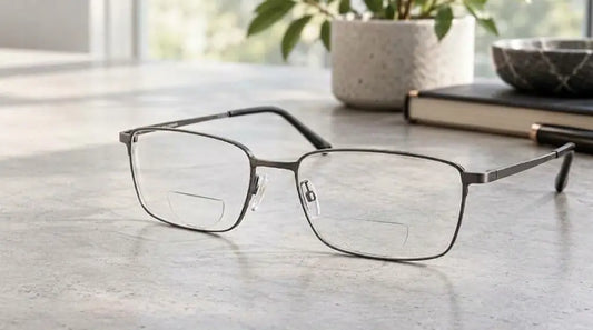 Matte gunmetal titanium bifocals glasses with rectangular full-rim design for prescription eyewear.