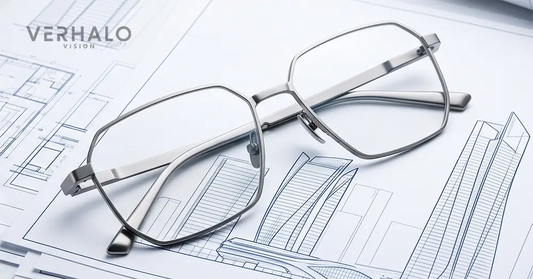 Ultra-light pure titanium eyeglasses frames resting on executive blueprints