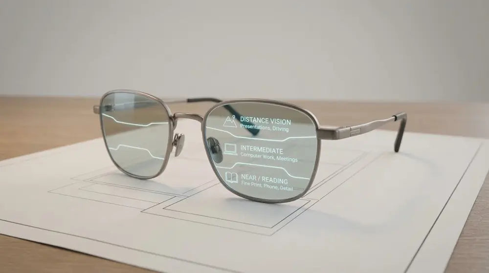 An illustration showing the three distinct visual zones found in different types of progressive lenses.
