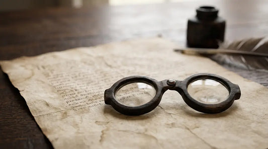 A historical illustration of a 13th-century early rivet spectacles, exploring the history of exactly when were eyeglasses invented.