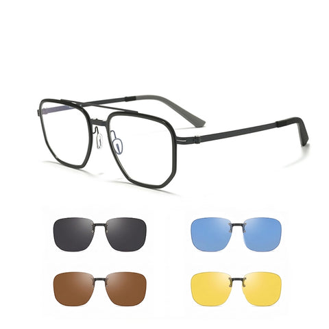 Black Pure Titanium Aviator Magnetic Spectacle Frames shown with four lens color options: dark gray, blue, brown, and yellow, on a white background.