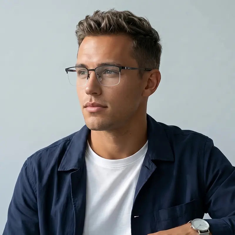 A man wearing a pair of pure titanium magnetic glasses frames