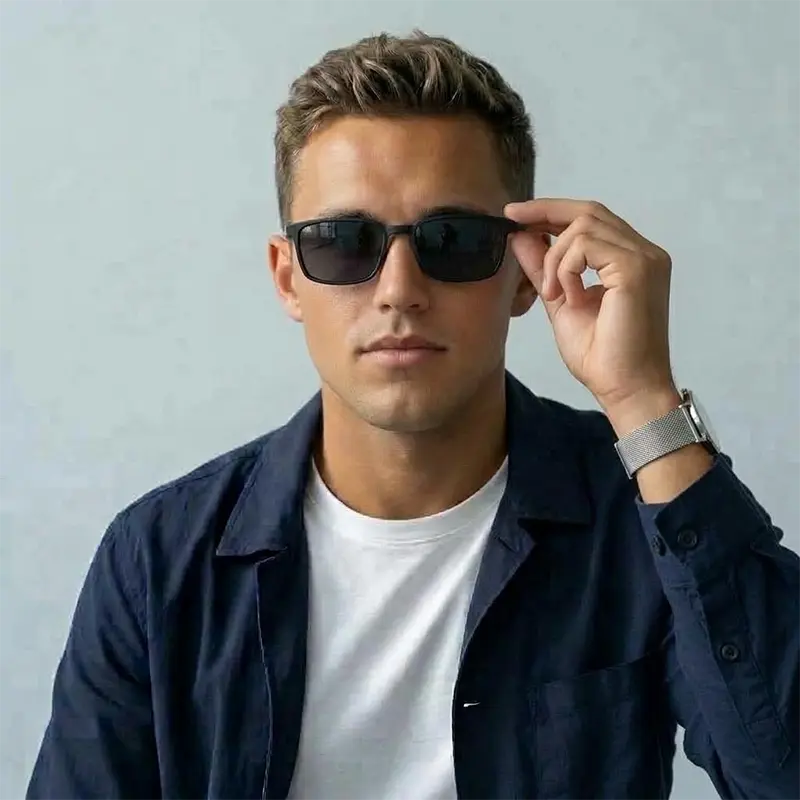 A man wearing black rectangular pure titanium magnetic glasses frames, a navy blue button-up shirt over a white t-shirt, and a silver mesh-band watch, posing against a light gray textured background.