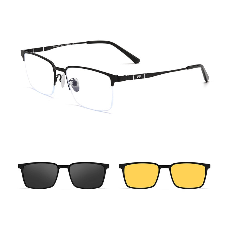 Three views of a pair of pure titanium semi-rimless magnetic glasses frames  on a white background: one angled top view showing a black puretitanium  frame and clear lenses, two flat front views below showing black lenses and yellow-tinted lenses.