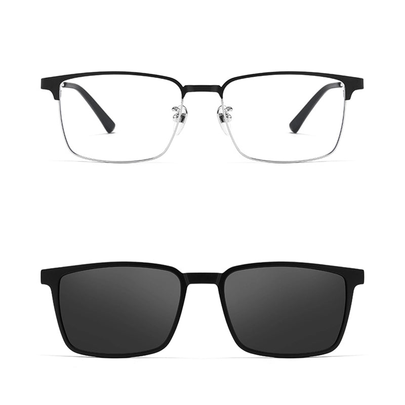 Front view of pure titanium semi-rimless magnetic glasses frames from Verhalo Vision with a matte black frame and clear lenses, shown above a matching pair of black square sunglasses on a white background.