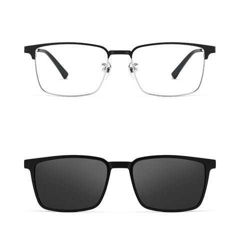 Front view of pure titanium semi-rimless magnetic glasses frames from Verhalo Vision with a matte black frame and clear lenses, shown above a matching pair of black square sunglasses on a white background.