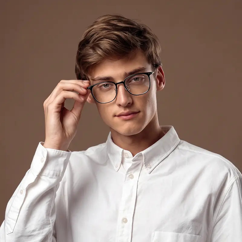 A men wearing a pair of lightweight square titanium eyeglass frames