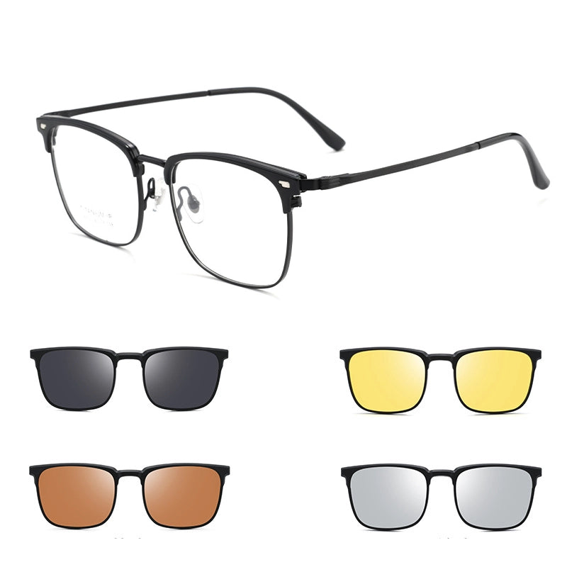 Black titanium square browline magnetic frame glasses shown on a white background, with four smaller views below showing different lens colors: dark gray, yellow, bronze, and silver.