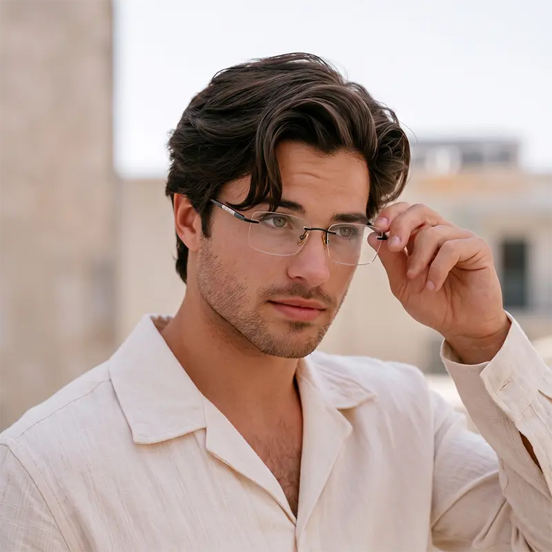 A man wearing designer rimless eyeglasses and a light beige collared shirt, holding one side of the titanium glasses frames with his hand against an outdoor blurred background.