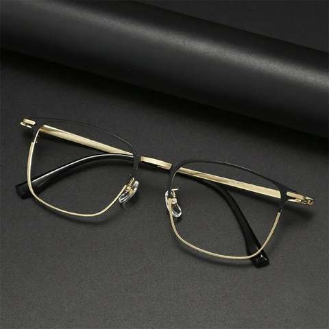  Black and gold Browline Square Full-Rim Titanium Eyeglasses | Verhalovision
