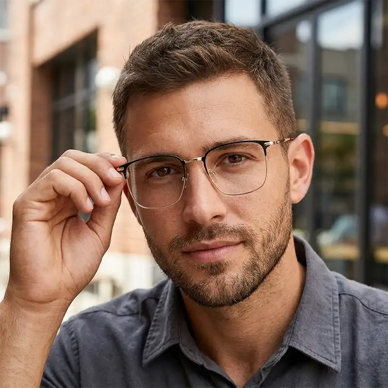 Black and gold Browline Square Full-Rim Titanium Eyeglasses | Verhalovision