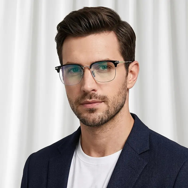 Black and silver Browline Full-Rim Pure Titanium Glasses | Verhalovision