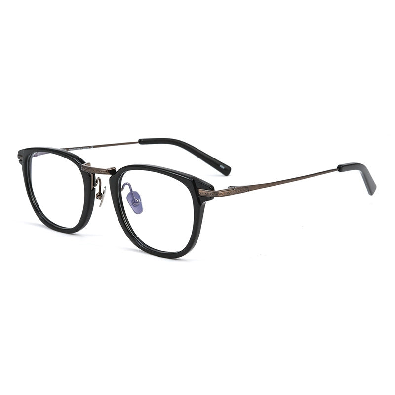 A pair of round-frame designer titanium eyeglasses with black acetate front rims and thin dark pure titanium temples, shown on a plain white background.