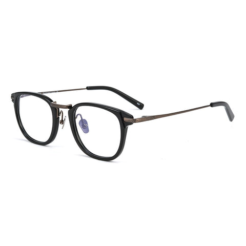 A pair of round-frame designer titanium eyeglasses with black acetate front rims and thin dark pure titanium temples, shown on a plain white background.