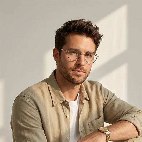 A man with styled brown hair and a short beard wearing gold and black titanium geometric glasses from Verhalo Vision, a beige linen button-up shirt over a white t-shirt, and a gold watch, posed against a warm, sunlit off-white wall.