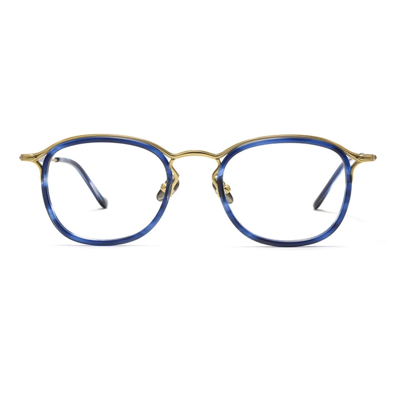 Round Vintage Designer Eyelasses from Verhalo Vision with a gold titanium frame and blue acetate rims, shown from the front on a white background.