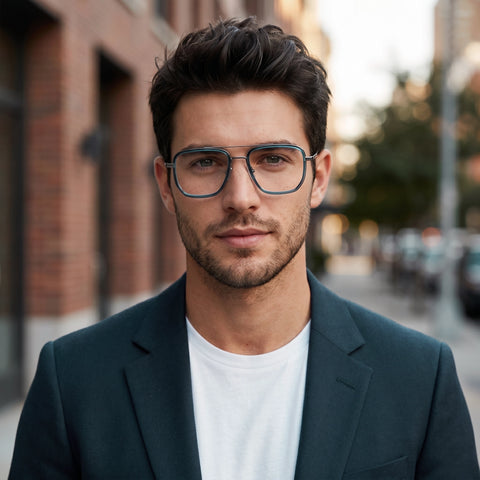 A man with styled dark hair and a light beard wearing titanium square avaitor eyeglasses, a white t-shirt, and a dark blazer, photographed outdoors against a softly blurred city street background.