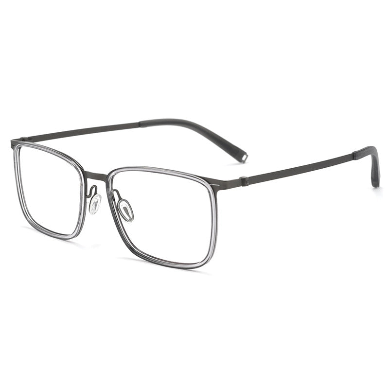 A pair of modern square titanium eyeglasses with a clear frame, clear lenses, and thin titanium temples, shown on a plain white background.
