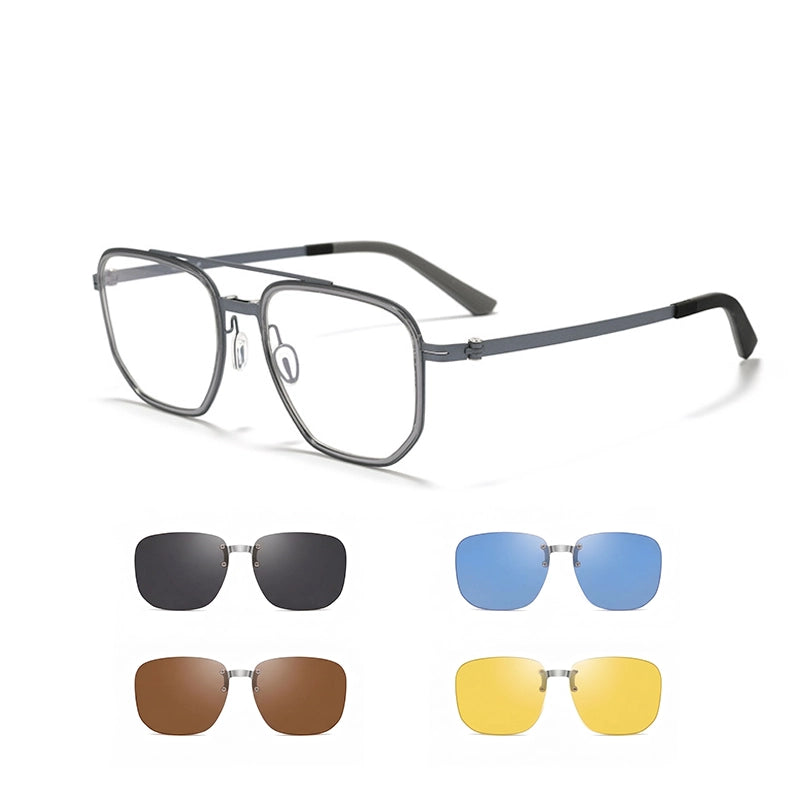 Gray Pure Titanium Aviator Magnetic Spectacle Frames shown with four interchangeable lens color options below: dark gray, blue, brown, and yellow.