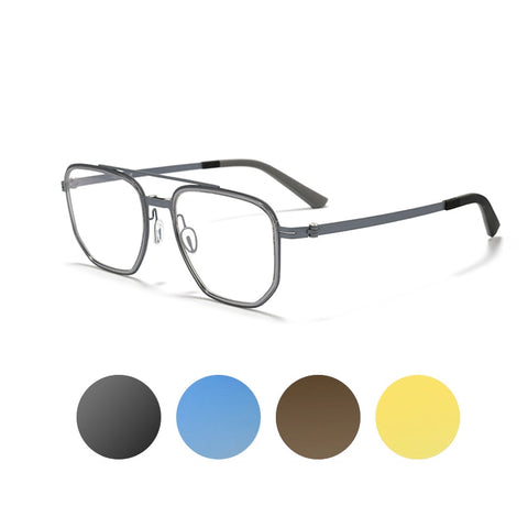 Gray pure titanium aviator magnetic spectacle frames with four color polarized lenses in a white background