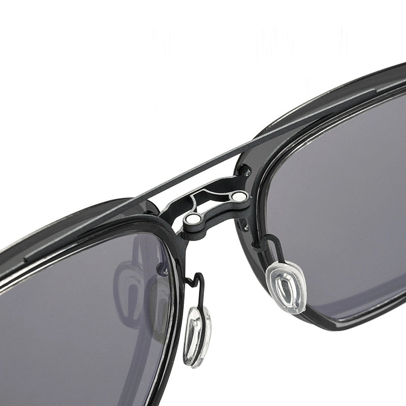 the details of black pure titanium aviator magnetic spectacle frames.