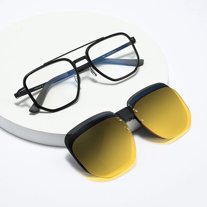 Black pure titanium aviator magnetic spectacle frames with four color polarized lenses