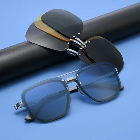 Gray pure titanium aviator magnetic spectacle frames with four color polarized lenses