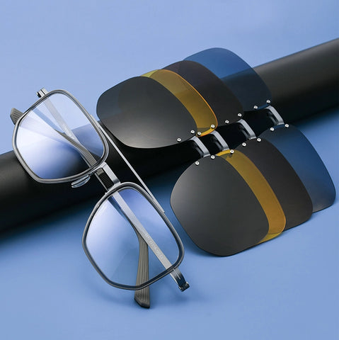 Gray pure titanium aviator magnetic spectacle frames with four color polarized lenses